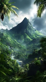 Sunlit tropical peak dominates dense cinematic jungle valley