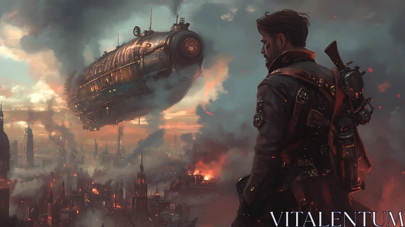 Steampunk airship over burning industrial cityscape.