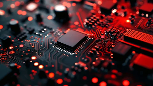 Red-lit microchip board glows with dense circuit patterns.