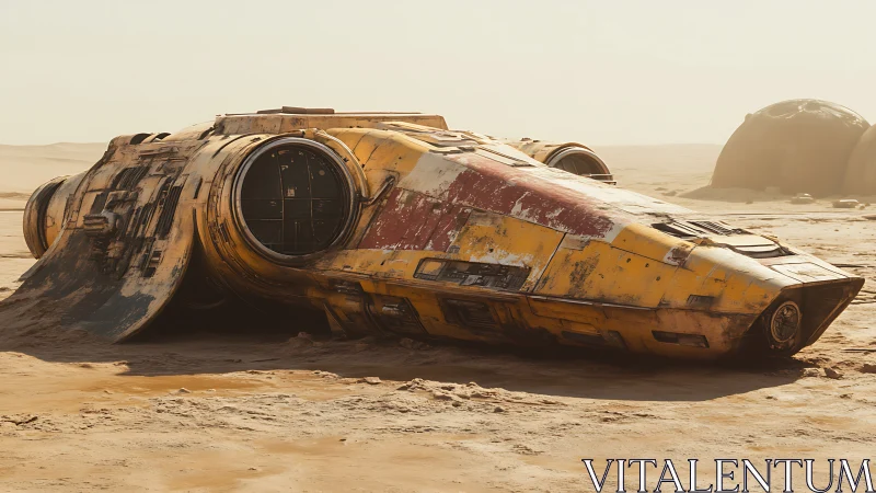 Weathered sci-fi spacecraft wreck resting on desert sand.