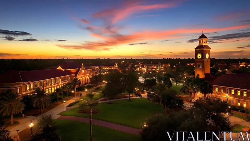 University campus quadrangle at sunset with clock tower.