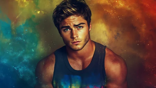 Digital male portrait against multicolored abstract background.