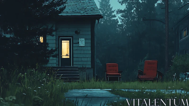 Moody twilight cabin exterior with illuminated doorway and chairs