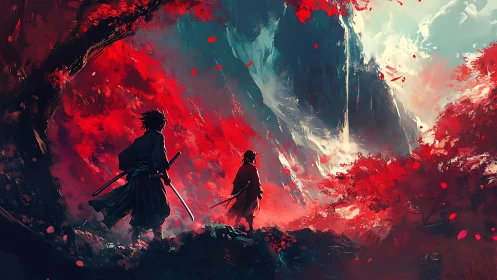 Crimson mountains listen as wandering swordsmen trade silence