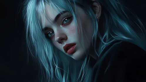 Moody teal haired portrait in cinematic low key lighting.