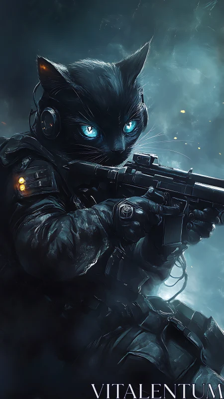 Tactical cyber-feline operative with carbine in misted combat