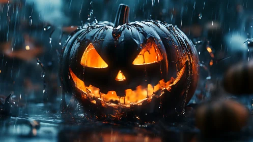 Rain-soaked jack-o’-lantern glows in cinematic low-key lighting