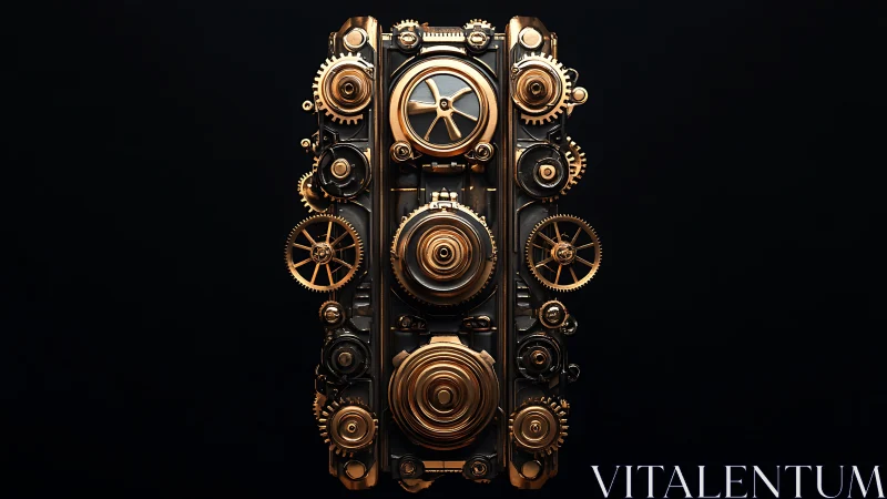Vertical array of gold mechanical gears on black background.