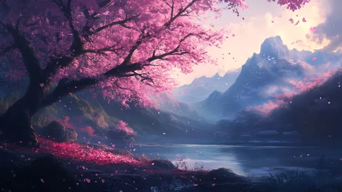 Pink cherry tree dominates tranquil lake and mountain valley