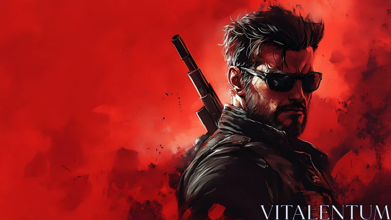 Digital portrait shows armed man in sunglasses on red field