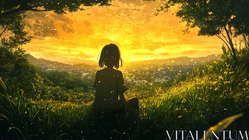 Solitary girl watching a glowing golden city sunset sky.