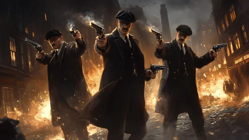 Three armed gangsters stand firing revolvers in burning street