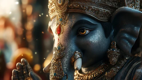 Gentle elephant deity glows with golden festive warmth.