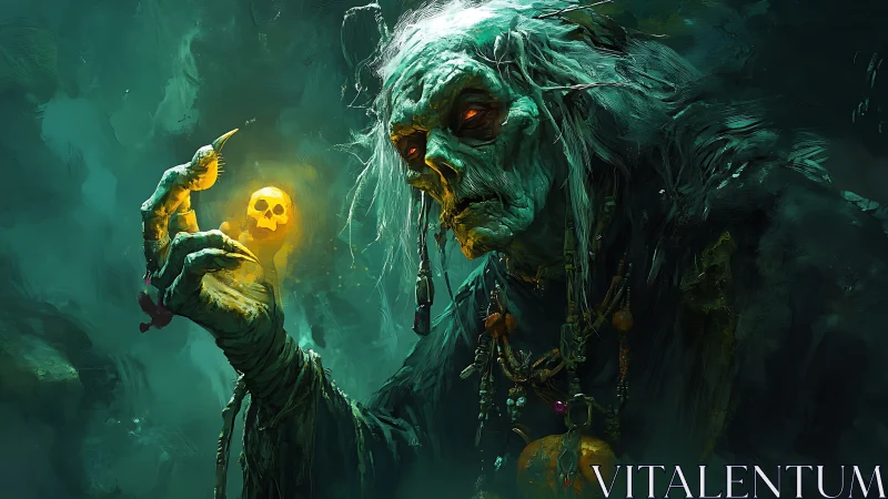 Elderly necromancer holding glowing skull charm in misty void.