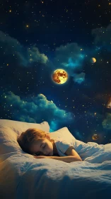 Child asleep in bed under stylized cosmic night sky scene.