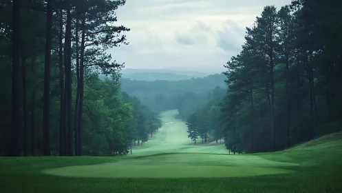 Foggy tree-lined golf fairway receding into distance.