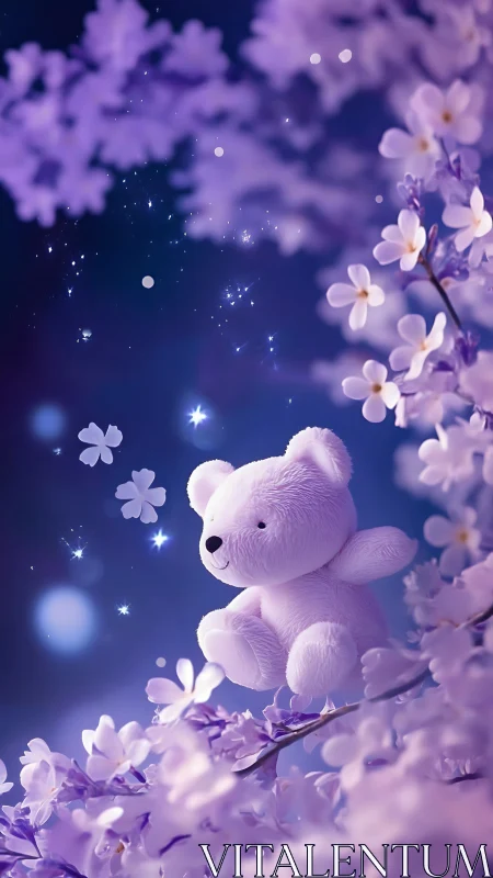 Plush teddy bear dreams beneath violet blossoms and stars.
