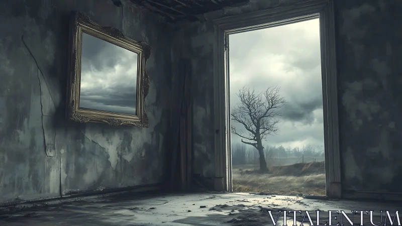 Desolate interior framing stormy landscape and mirror portal.
