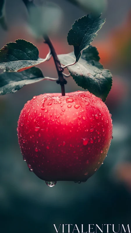 Red apple hangs from branch with fresh water droplets