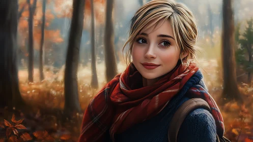 Crimson scarf girl lets the autumn forest quietly orbit her