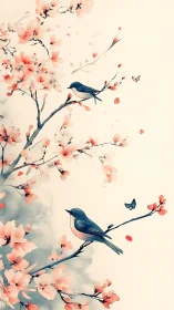 Gentle spring songbirds resting in soft cherry blossoms.