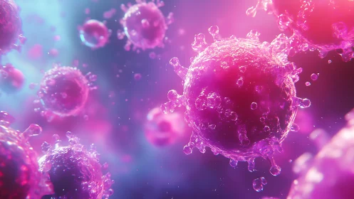 Macro view of luminescent viral particles in neon bioluminescent field