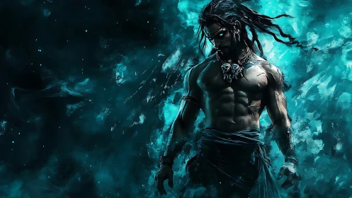 Warrior with glowing eyes stands in swirling teal mist