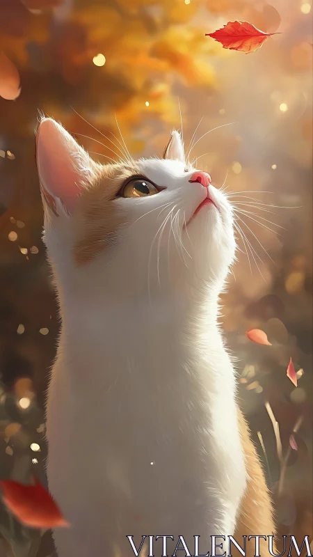 White Cat Observing Falling Autumn Leaf in Soft Light.