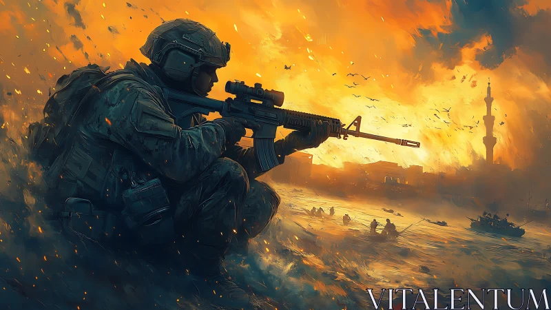 Digital painting of soldier in crouched profile amid firestorm.
