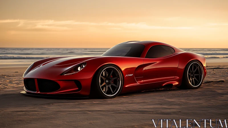 Photorealistic red supercar profile at sunset beach horizon.