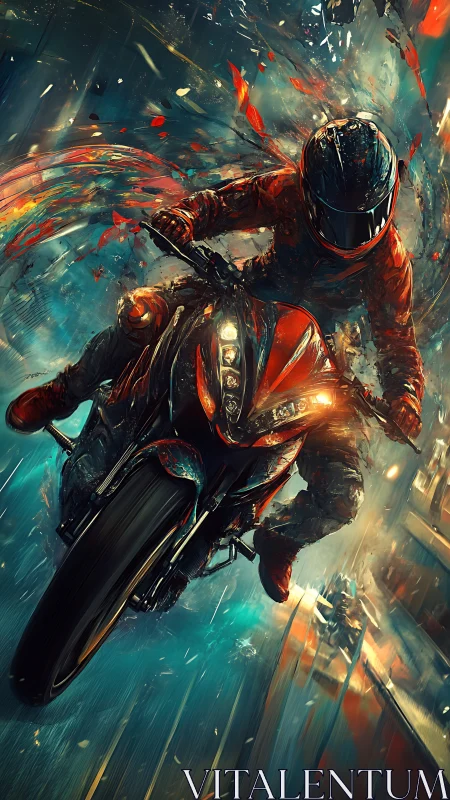 Rider in red races through a storm of color and motion.