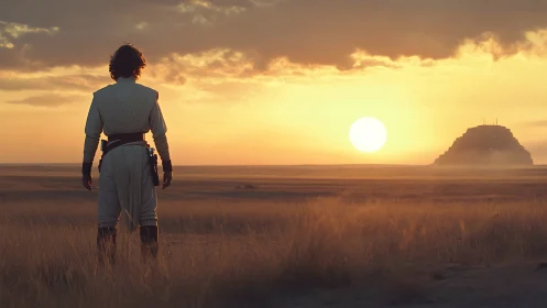 Solitary robed figure facing distant fortress at sunset.