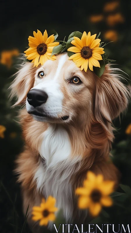 Golden dog wears sunflower crown in soft garden light