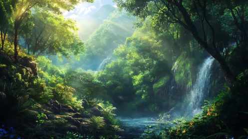 Temperate Canyon Waterfall Landscape with Atmospheric Volumetric Lighting Effects