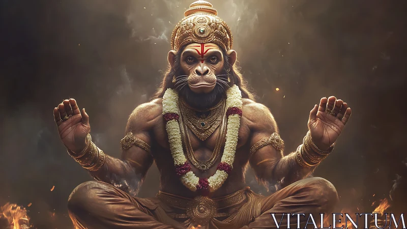 Digital painting of meditative Hanuman in radiant symmetry.