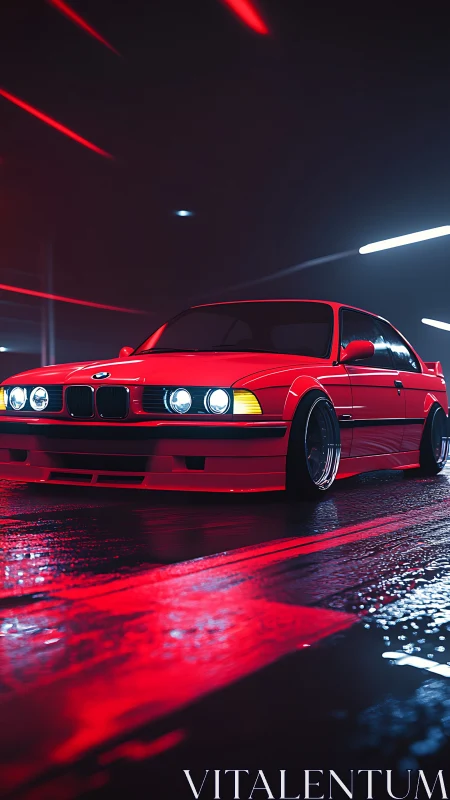 Sleek red night cruiser glowing under rainy city lights.