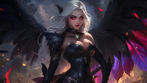 Dark winged sorceress stands over burning ruined city