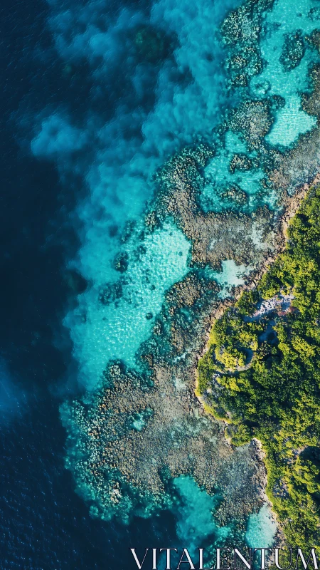 Aerial Coastal Transition. Rocky Shoreline Meets Deep Ocean.