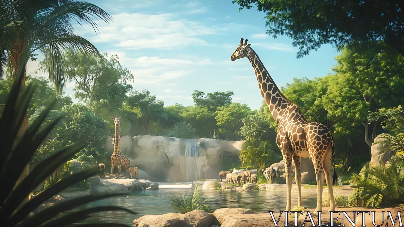 Photorealistic savanna oasis with giraffes in layered depth.