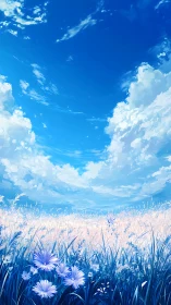 High chroma blue sky over stylized wildflower prairie field