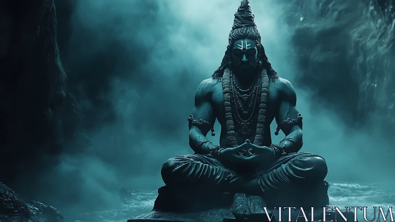 Serene blue yogi in misty cave meditation at dawn.