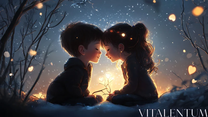 Two Children in Magical Snowy Forest with Glowing Light