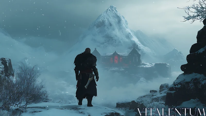 Warrior crosses frozen valley toward red-lit mountain keep.