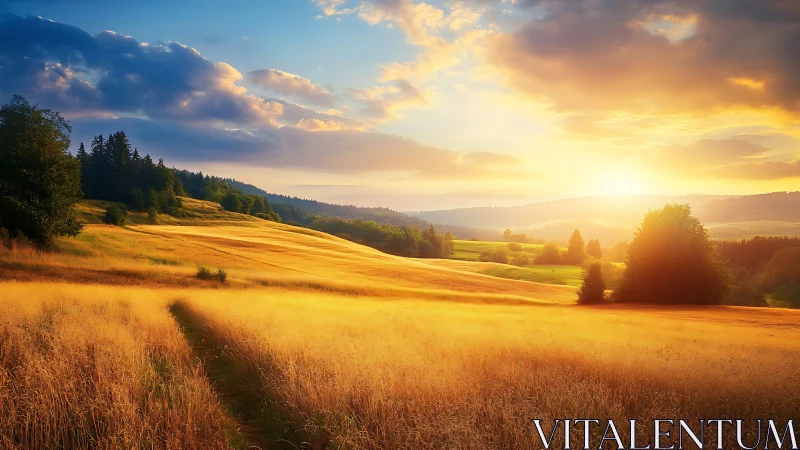 Golden meadow sunset with layered pastoral horizon rendering.