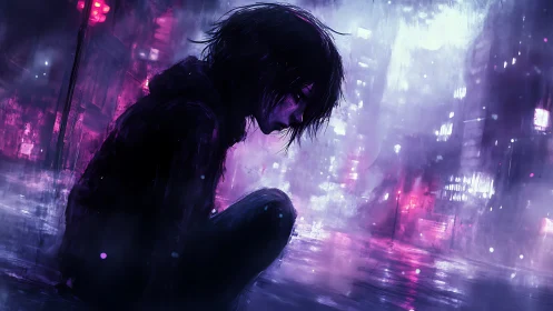 Solitary silhouette in neon-soaked nocturnal cityscape.