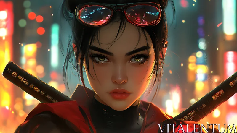 Cyberpunk portrait of neon-lit katana vigilante, close-up focus.