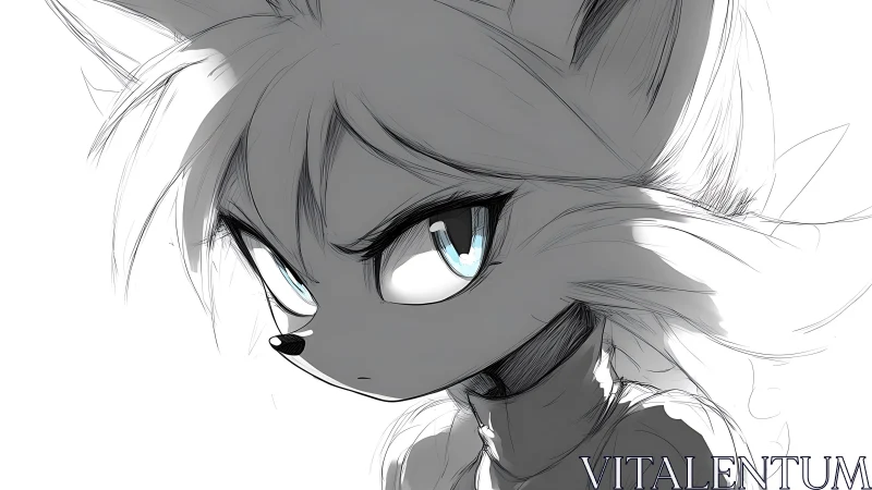 Intense anthropomorphic fox portrait rendered in monochrome sketch