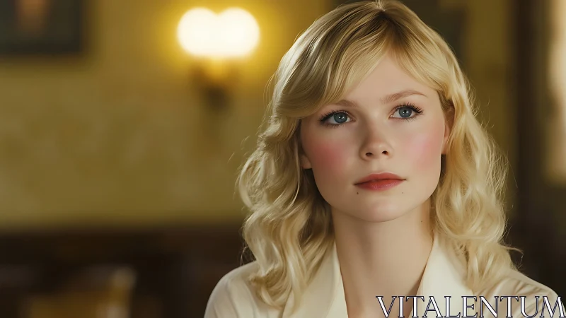 Softly lit blonde woman gazes ahead in warm interior setting.