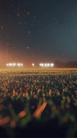 Low-angle sports field grass under stadium floodlights at night.