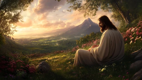 Peaceful robed figure in sunlit mountain valley meadow.